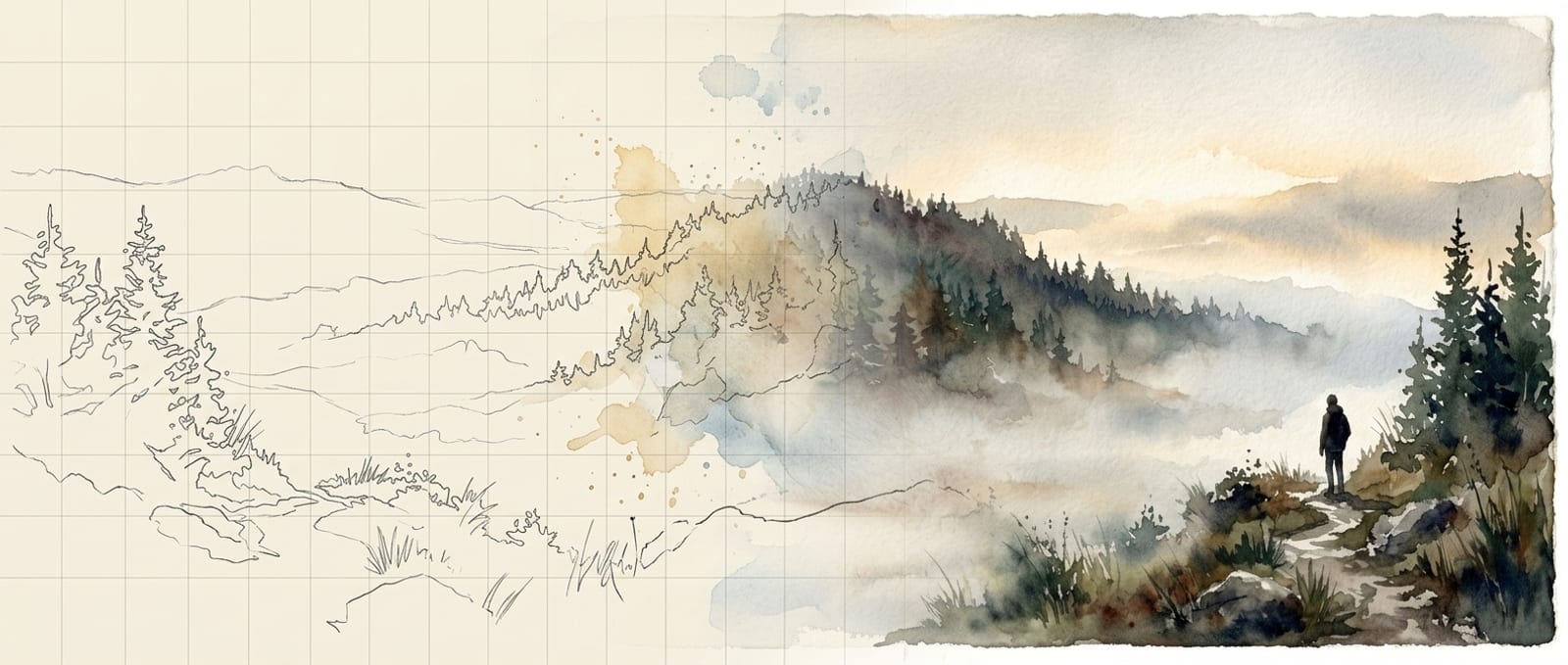 A wide Nordic watercolor: the left half of the valley is a pencil sketch, the right half is painted in, with a man standing on the finished side at first light.