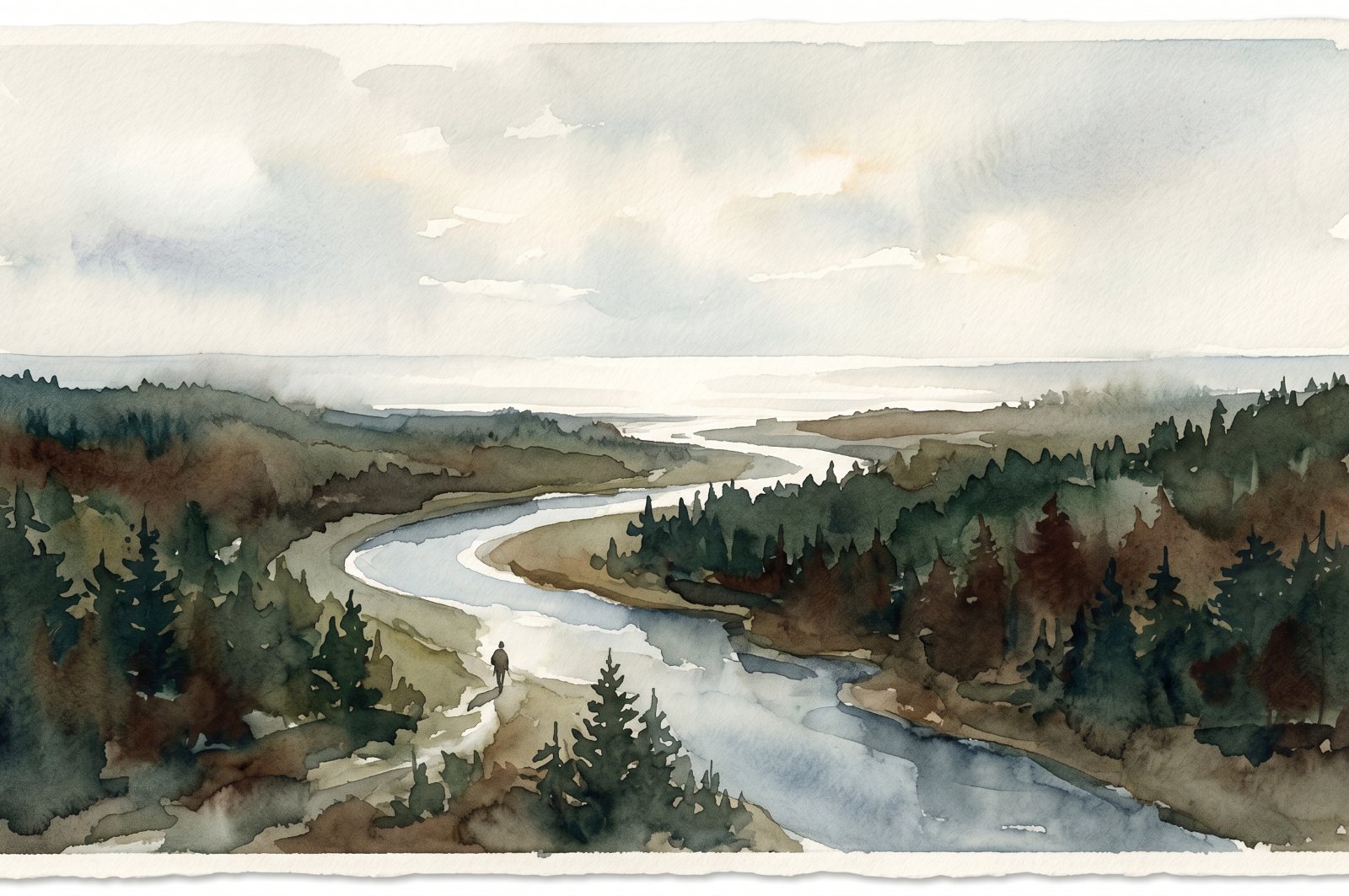 A loose watercolor of a winding river running out through forest toward the far sea at first light.