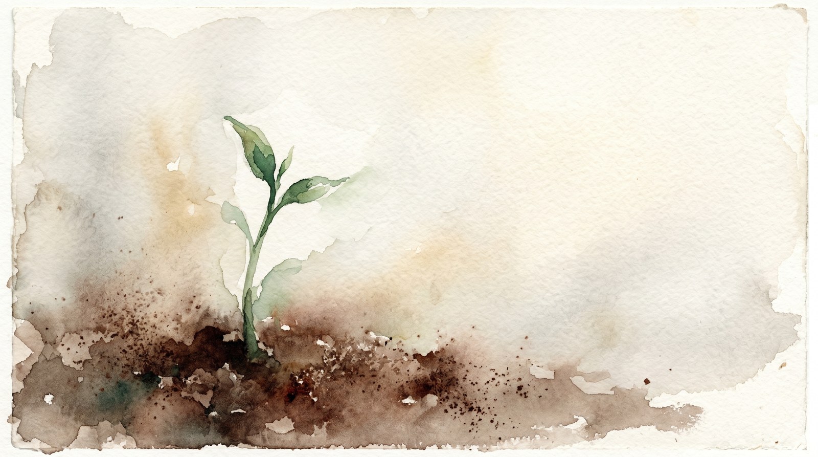 A loose watercolor of a single green shoot rising from dark soil into soft warm light.