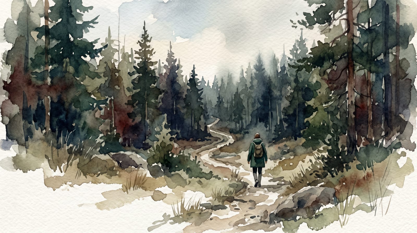 A watercolor of a man with a pack walking a winding path into deep pine forest.